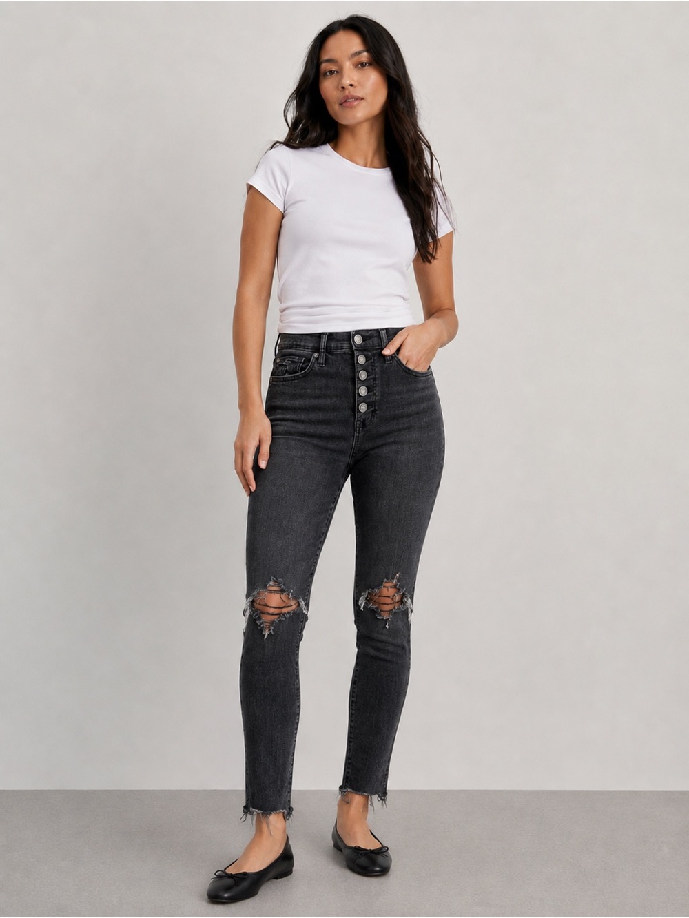 Gap High Rise Distressed Skinny Jeans Black Button Fly Raw Hem Size 6/28